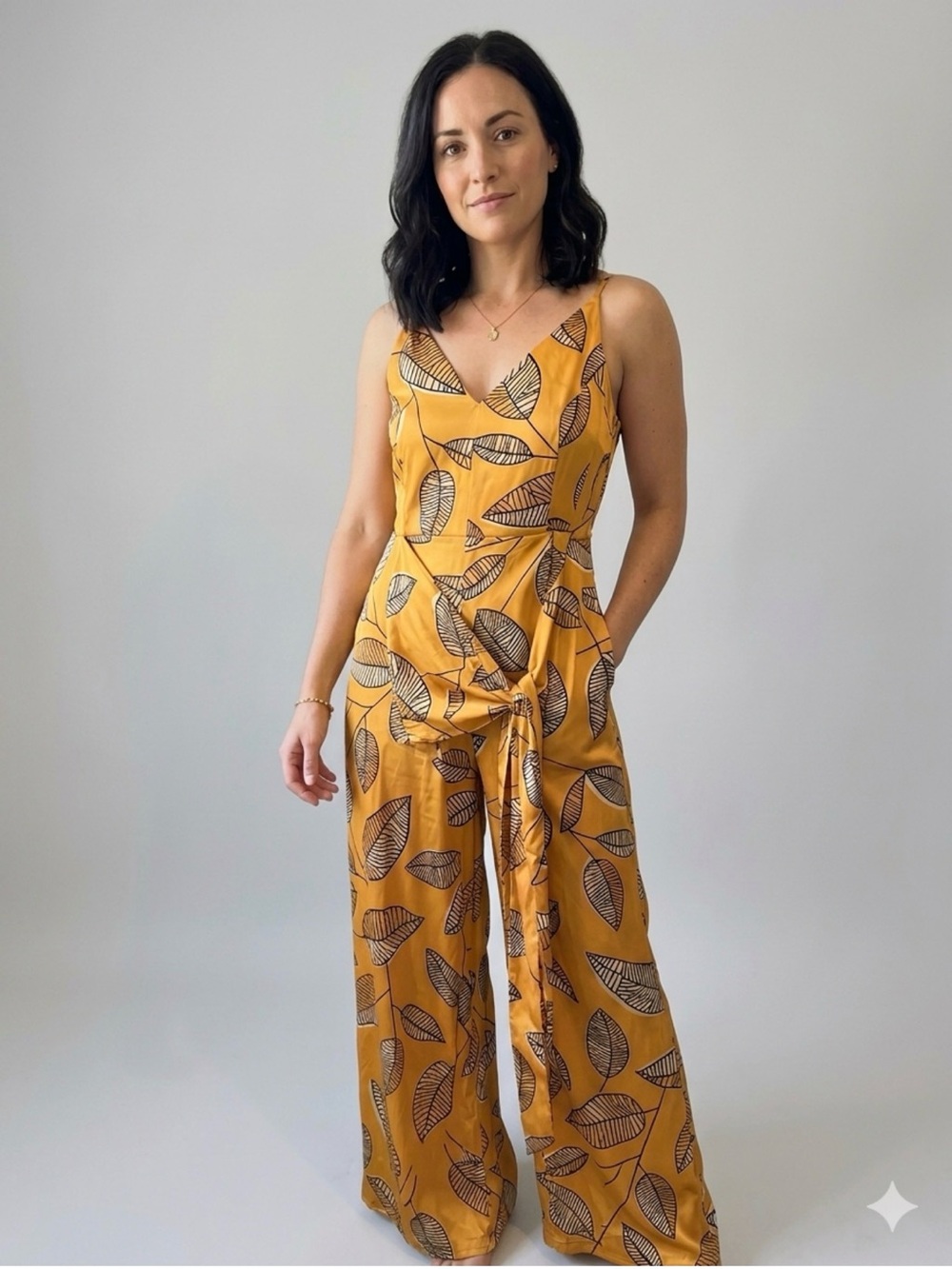 Anthropologie Hutch Imena Yellow Leaf-Print Women's Jumpsuit, Large
